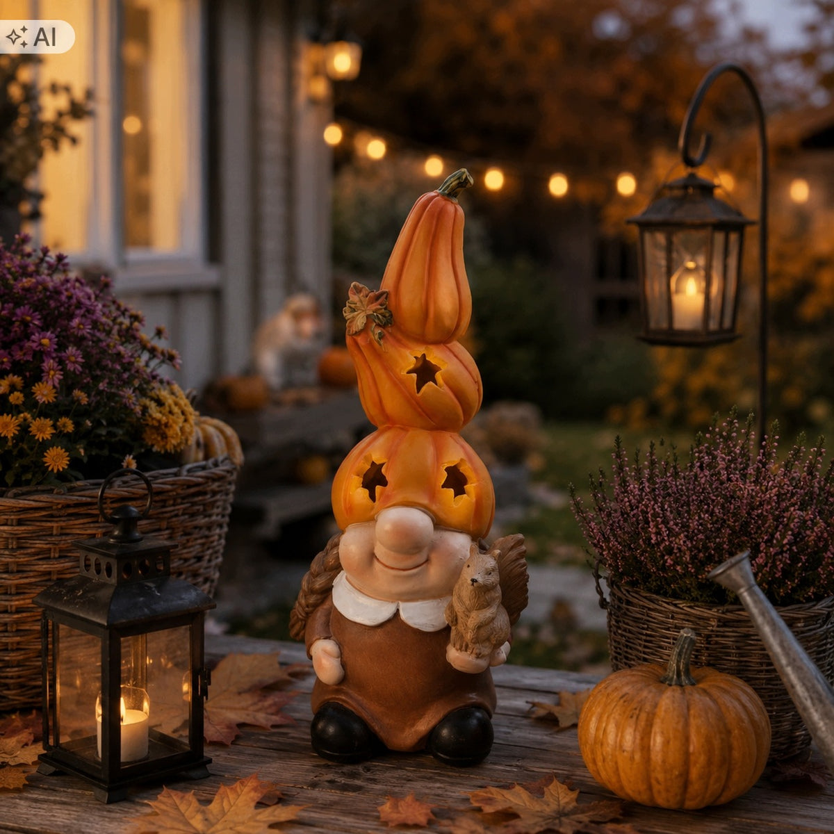 dekoracja figurka jesienna skrzat lampion LED dynia wiewiórka 38 cm duża