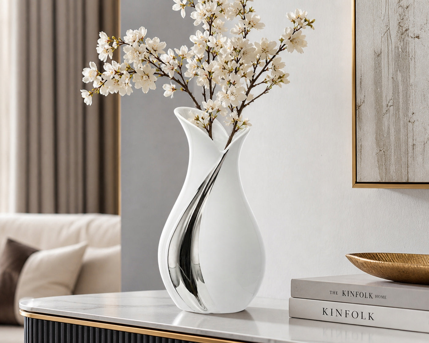Wazon ceramiczny biało-srebrny 30,5 cm glamour modern biały srebrny