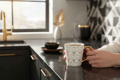 Porcelanowy Kubek elegancki złote ucho 310ml na prezent kawa herbata