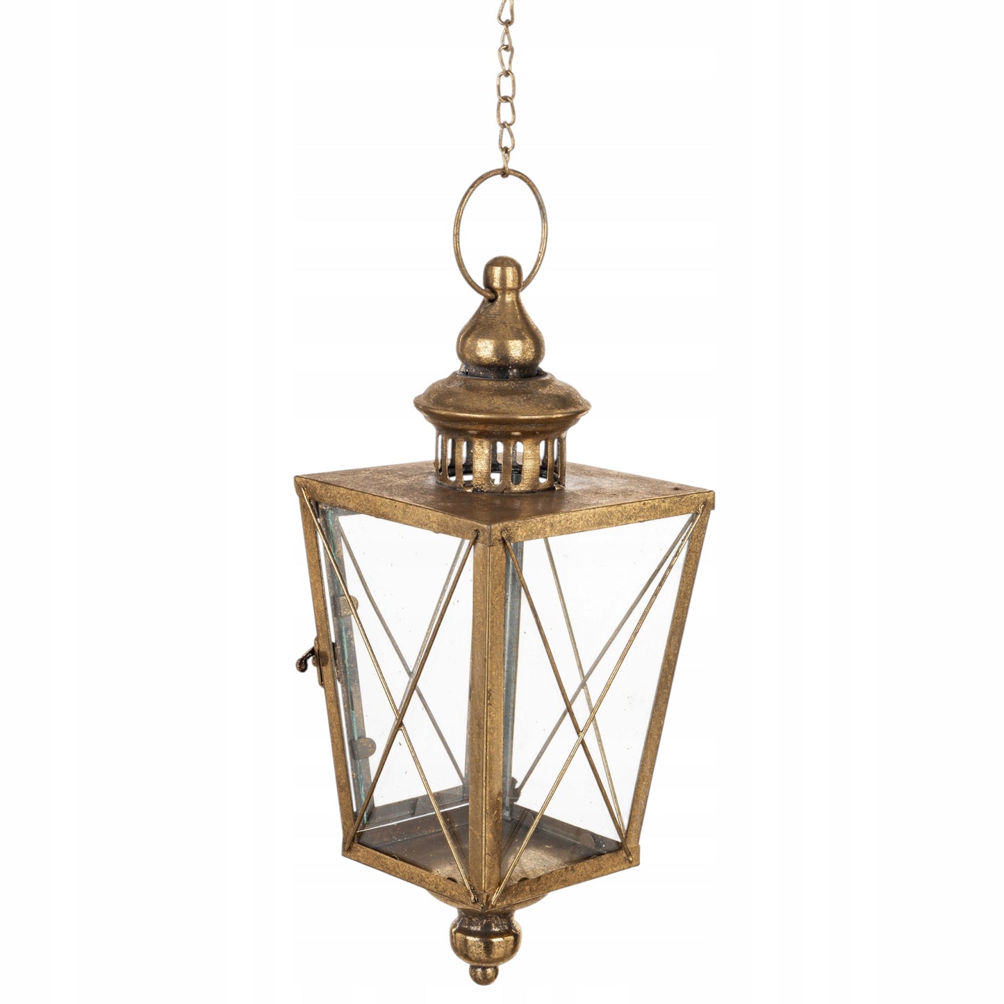 Metalowy lampion złoty wiszący szklany latarnia złota retro dekoracja hak