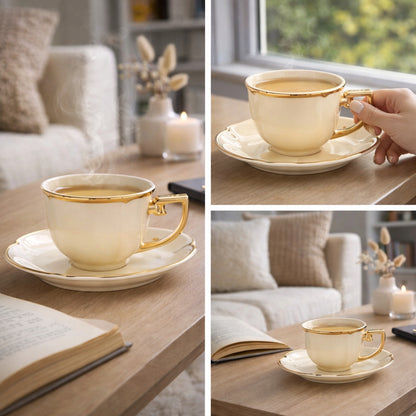Filiżanka porcelanowa kubek ze spodkiem zlota elegancka na prezent 220ml