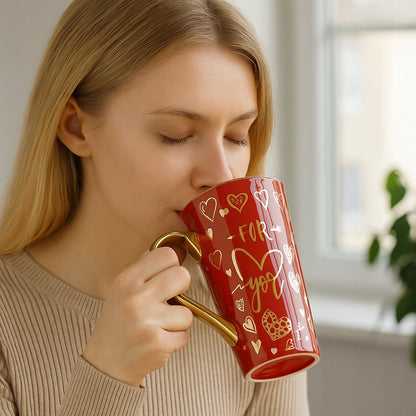 Duży porcelanowy kubek w ozdobnym pudełku czerwony złoty na prezent 450 ml