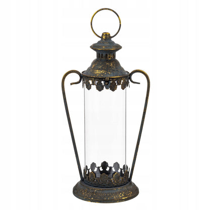 Lampion metalowy postarzane złoto dekoracja ogrodowa latarnia 43x21x16cm