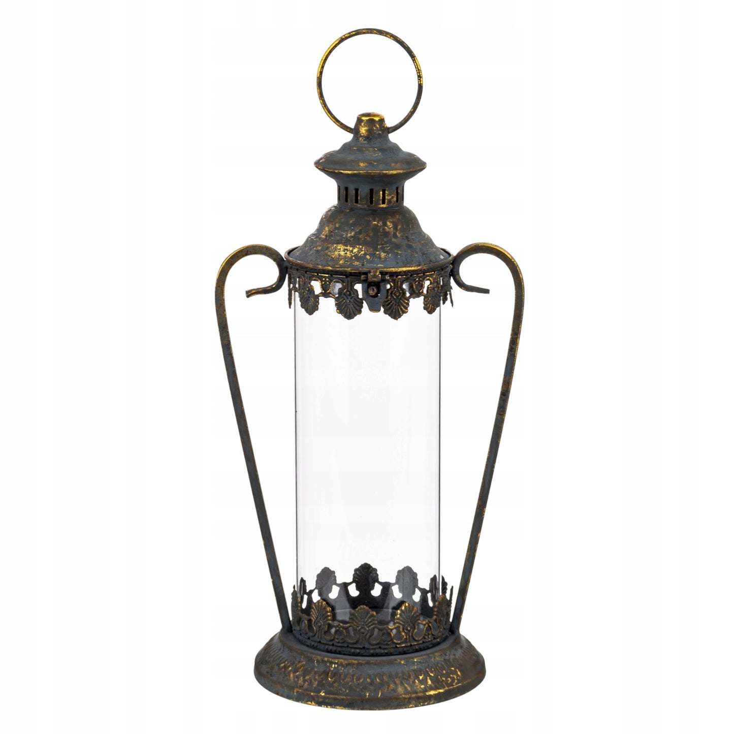 Lampion metalowy postarzane złoto dekoracja ogrodowa latarnia 43x21x16cm