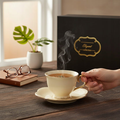 Filiżanka z podstawką do kawy herbaty kremowa porcelana 250 ml prezent