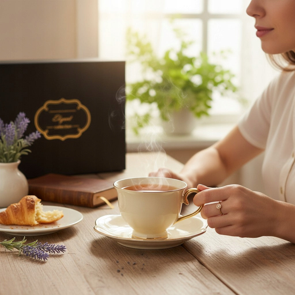 Filiżanka z podstawką do kawy herbaty kremowa porcelana 250 ml prezent