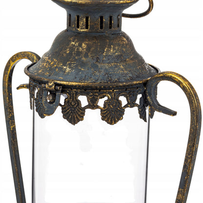 Lampion metalowy postarzane złoto dekoracja ogrodowa latarnia 43x21x16cm
