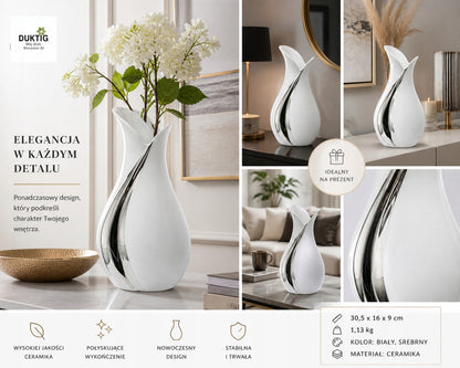 Wazon ceramiczny biało-srebrny 30,5 cm glamour modern biały srebrny