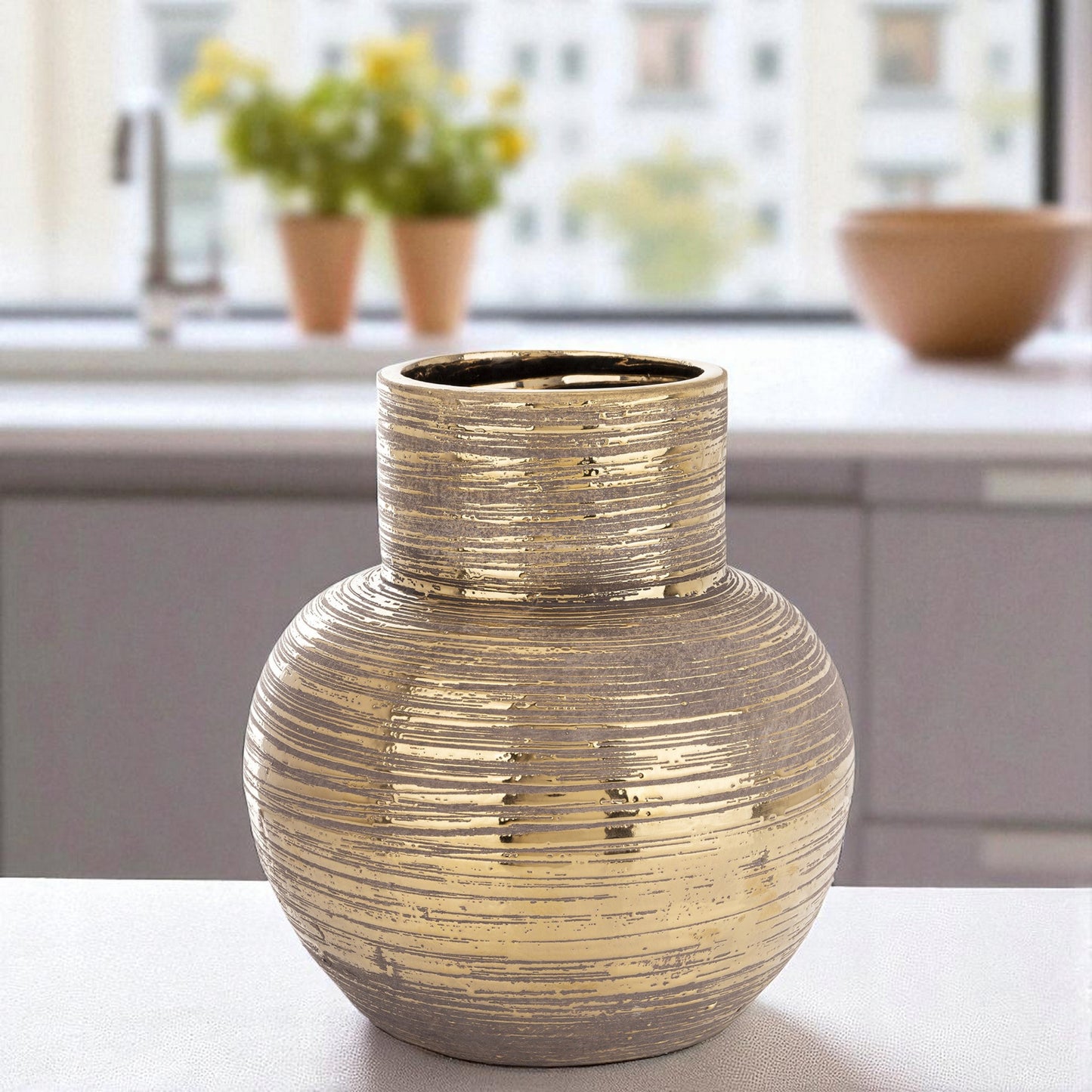 Wazon dekoracyjny ceramiczny 24 cm - brązowy -złoty cappucino