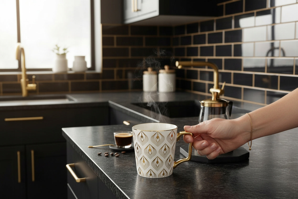 Porcelanowy Kubek elegancki złote ucho 310ml gustowny na prezent
