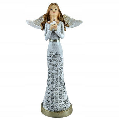 Aniołek FIGURKA ANIOŁ Z GOŁĘBIEM W AŻUROWEJ SUKIENCE 20CM