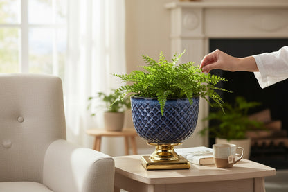 Osłonka ceramiczna granatowo-złota elegancka donica glamour do salonu