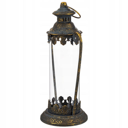 Lampion metalowy postarzane złoto dekoracja ogrodowa latarnia 43x21x16cm