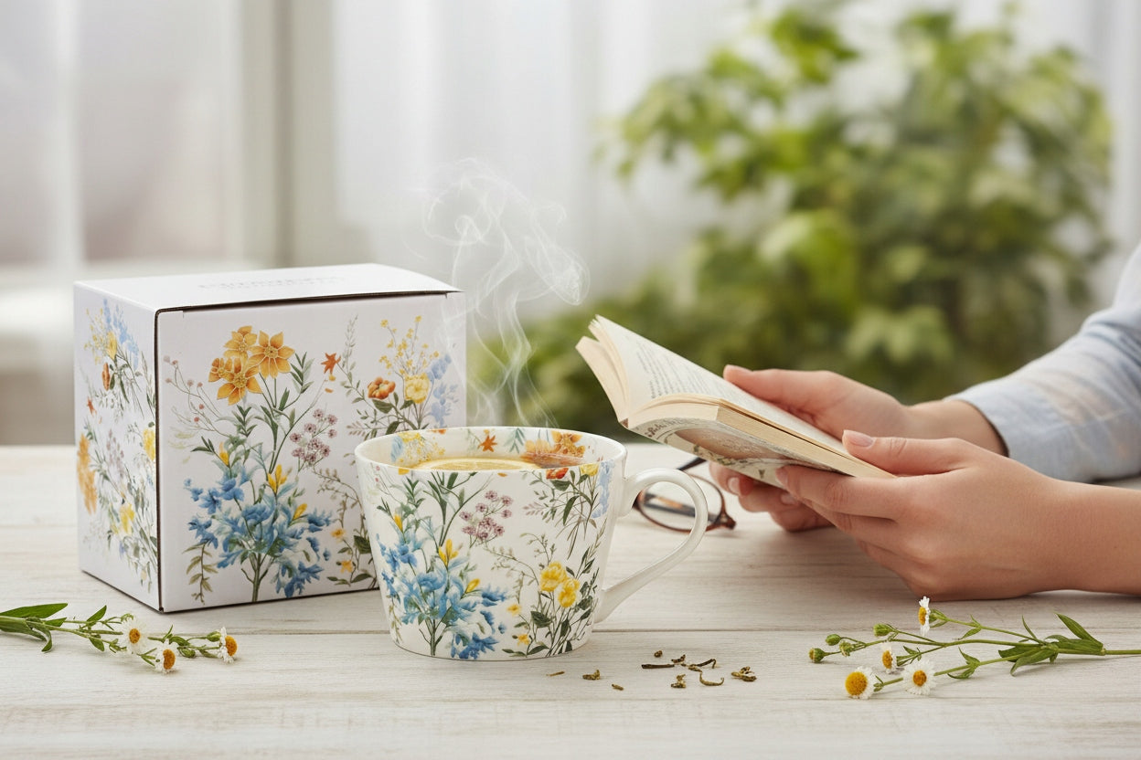 Duży kubek porcelanowy 450 ml do kawy herbaty kwiaty boho prezent zmywarka
