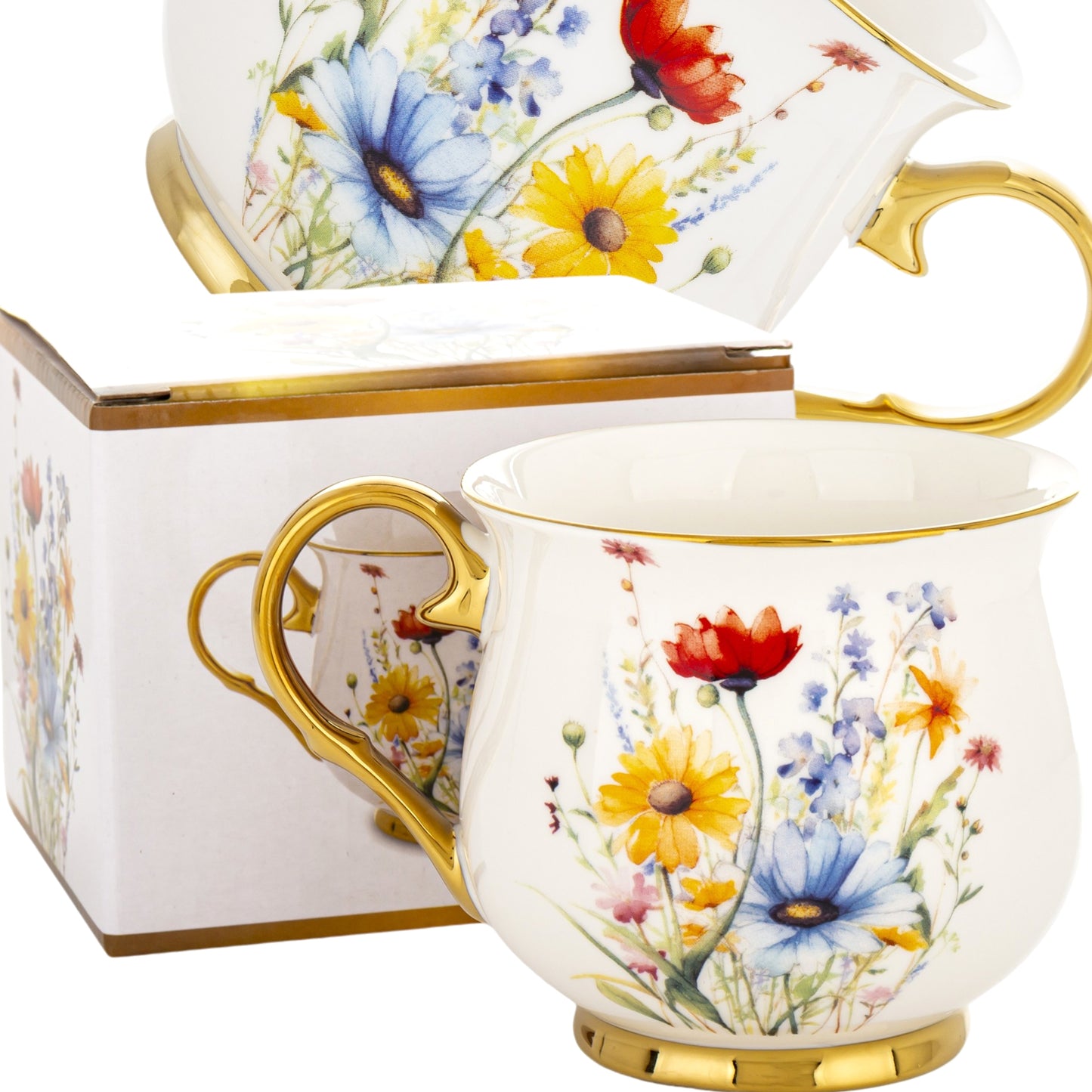 Porcelanowy duży kubek w kwiaty filiżanka do kawy herbaty 450 ml w pudełku