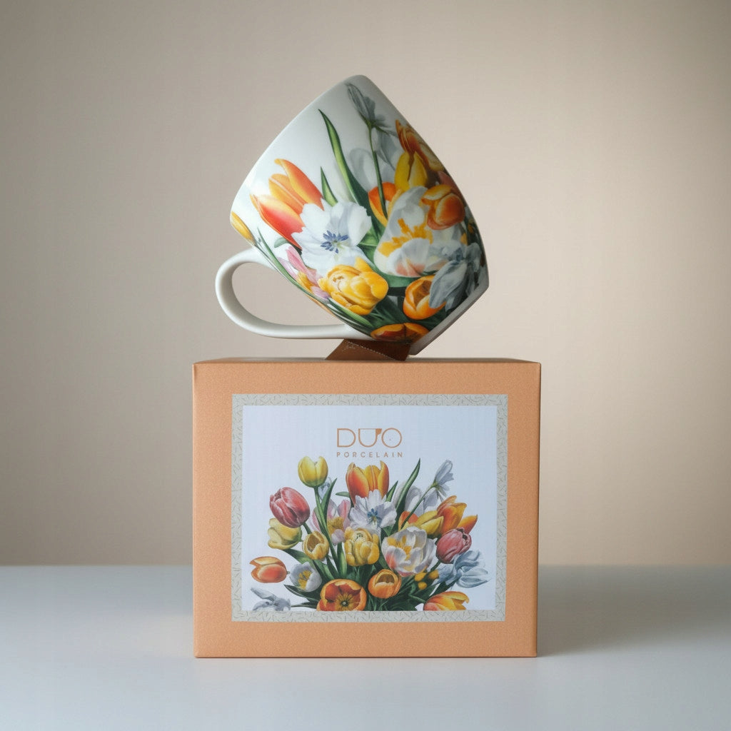 Kubek porcelanowy Mega duży XXL w pudełku 1000ml na prezent tulipany kwiaty