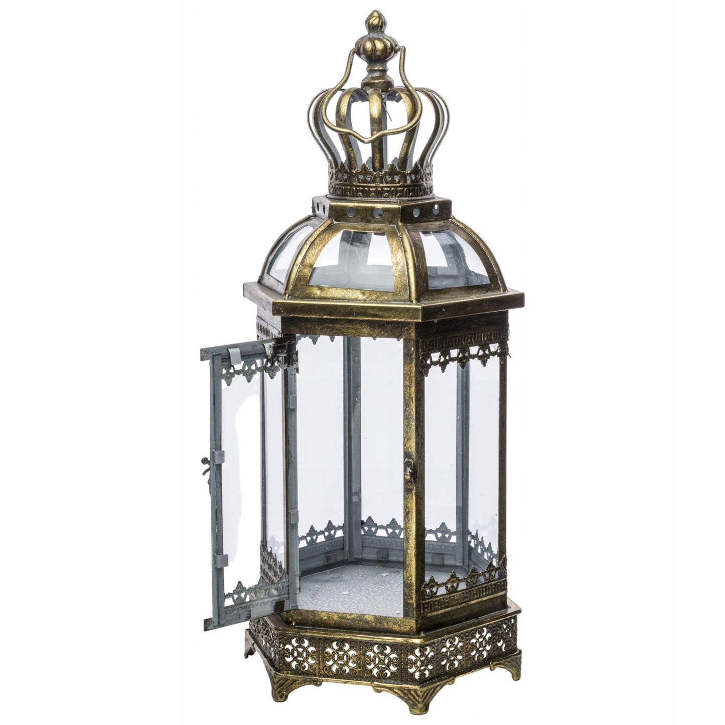 Lampion złoty metalowy postarzana latarnia w indyjskim stylu wysoka 64 cm