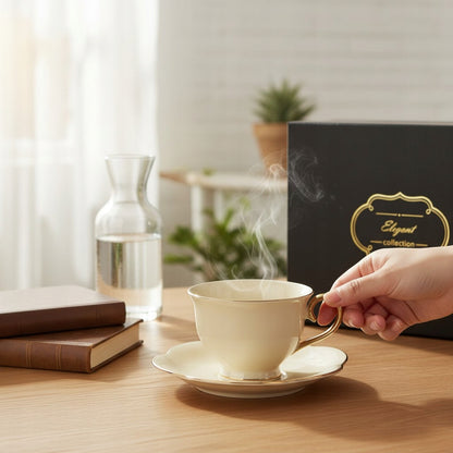 Filiżanka z podstawką do kawy herbaty kremowa porcelana 250 ml prezent