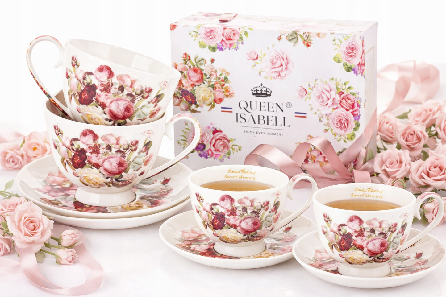 Zestaw 2 Filiżanek z Podstawką Porcelana kubek Kwiaty kawa herbata Prezent