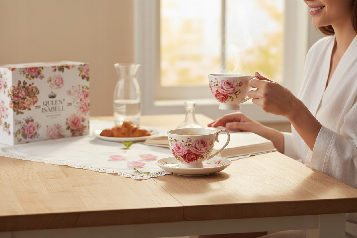 Elegancki komplet filiżanek w róże porcelana zestaw na prezent 2 szt 250ml