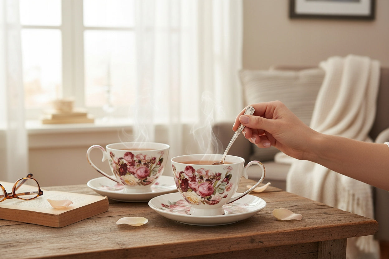 Zestaw 2 Filiżanek z Podstawką Porcelana kubek Kwiaty kawa herbata Prezent