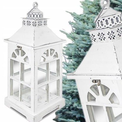 Lampion biały drewno, metal, szkło 54 cm Świecznik Latarnia
