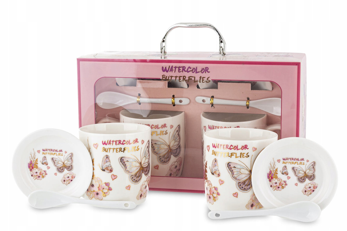 Kpl. kubków motyl łyżeczka podstawka 2+2+2 kubek ceramiczny 330ml prezent