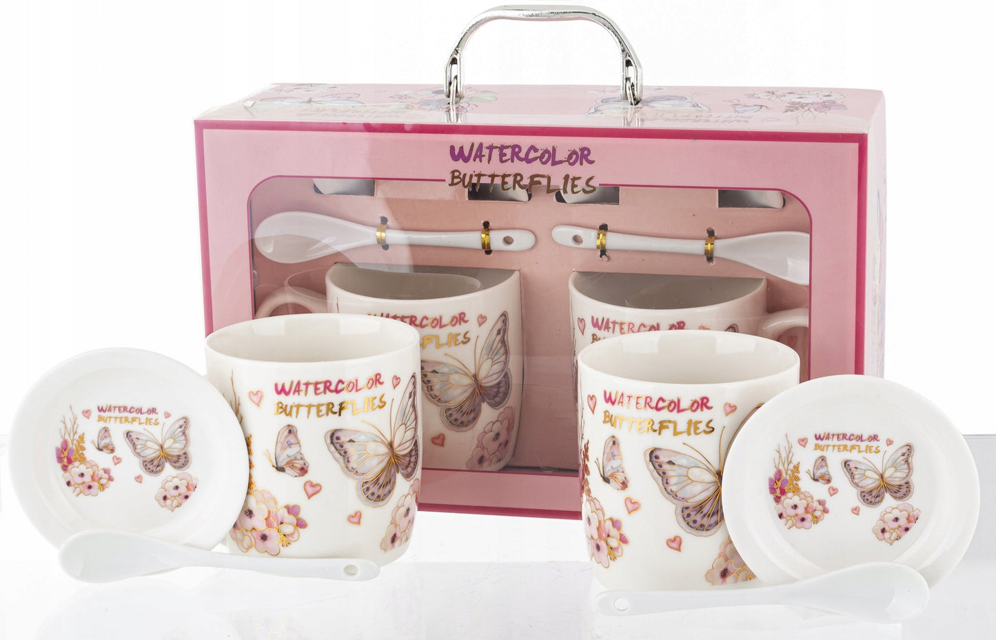 Kpl. kubków motyl łyżeczka podstawka 2+2+2 kubek ceramiczny 330ml prezent