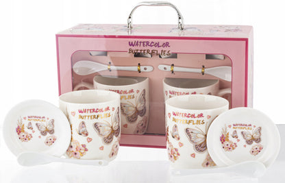 Kpl. kubków motyl łyżeczka podstawka 2+2+2 kubek ceramiczny 330ml prezent