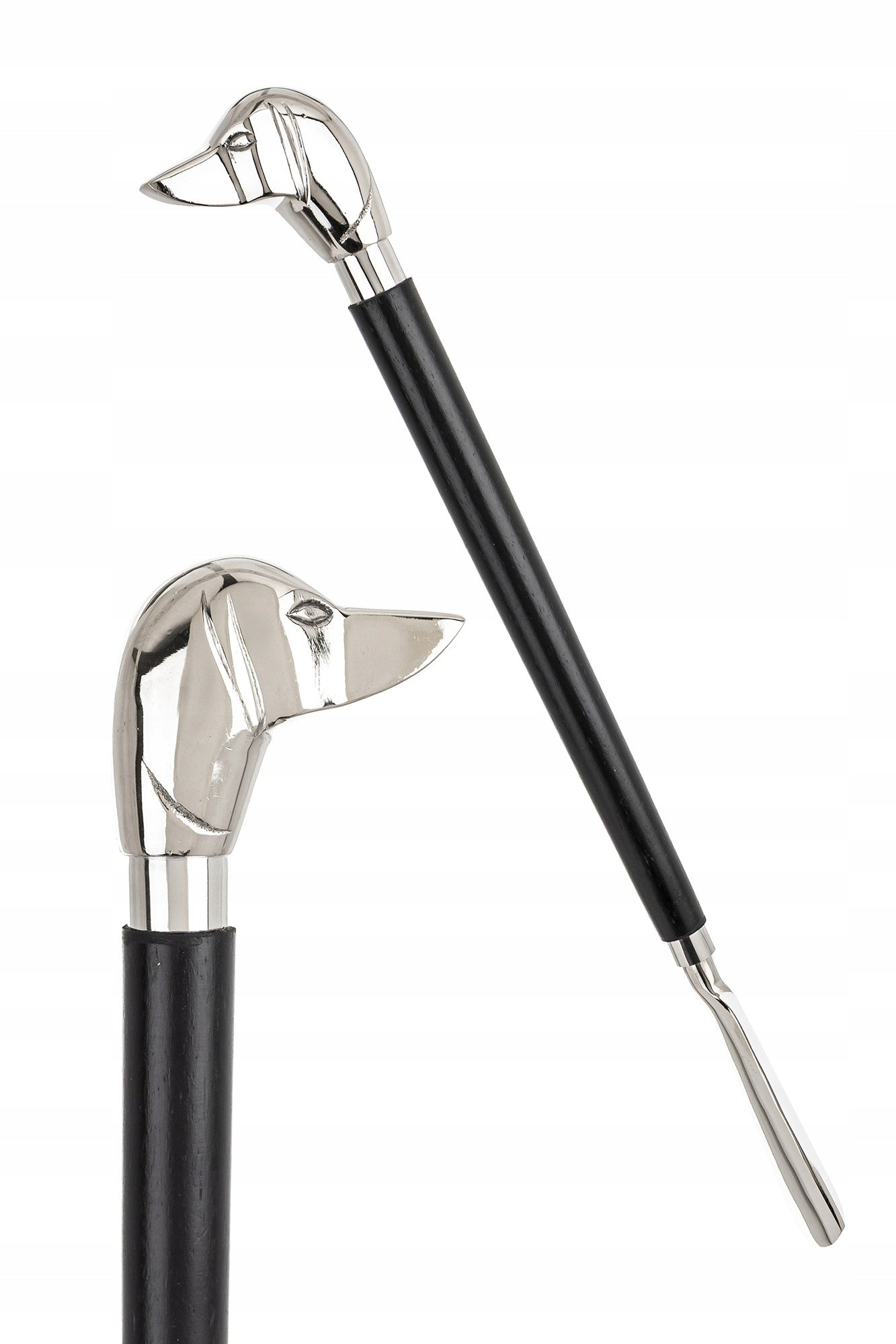 Długa łyżka do butów obuwia metalowa srebrna czarna pies elegancka 47 cm