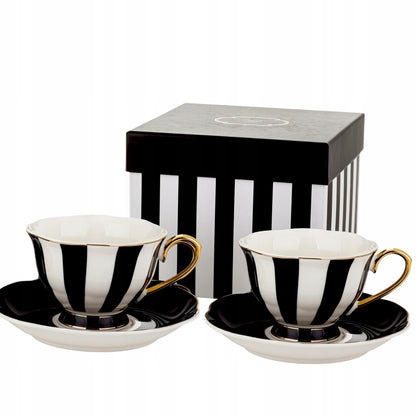 Komplet 2szt filiżanek porcelanowych 220 ml biało-czarne złote zestaw