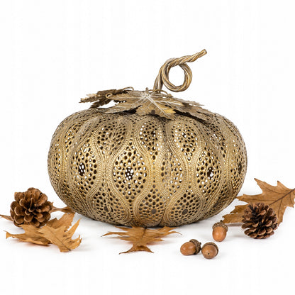 Lampion metalowy Dynia złoty 29x 26 cm dekoracja jesienna ażurowa figurka