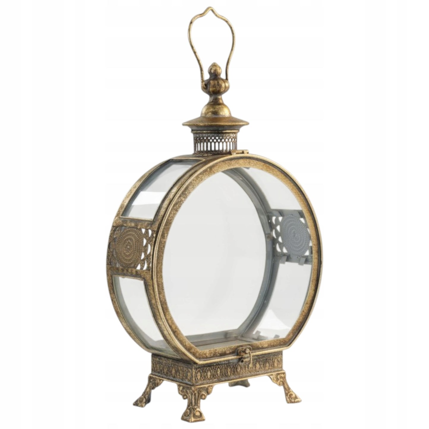 Lampion metalowy ze szkłem ciemne złoto latarenka na nóżkach retro glamour
