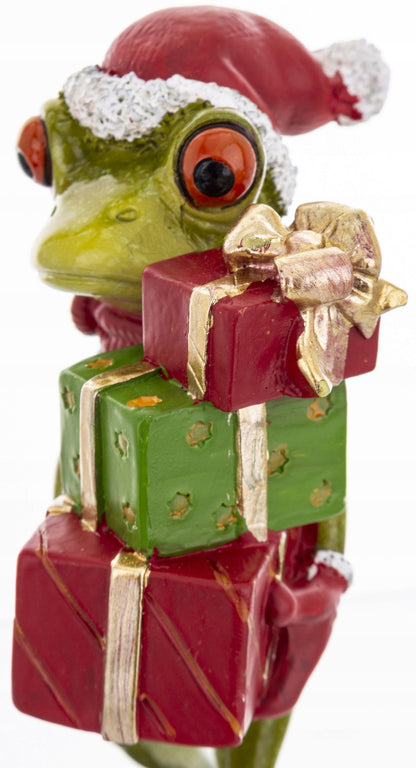 Figurka żabka 14x8x8,5 cm Żaba Św. Mikołaj z prezentami śmeszna mikołajki