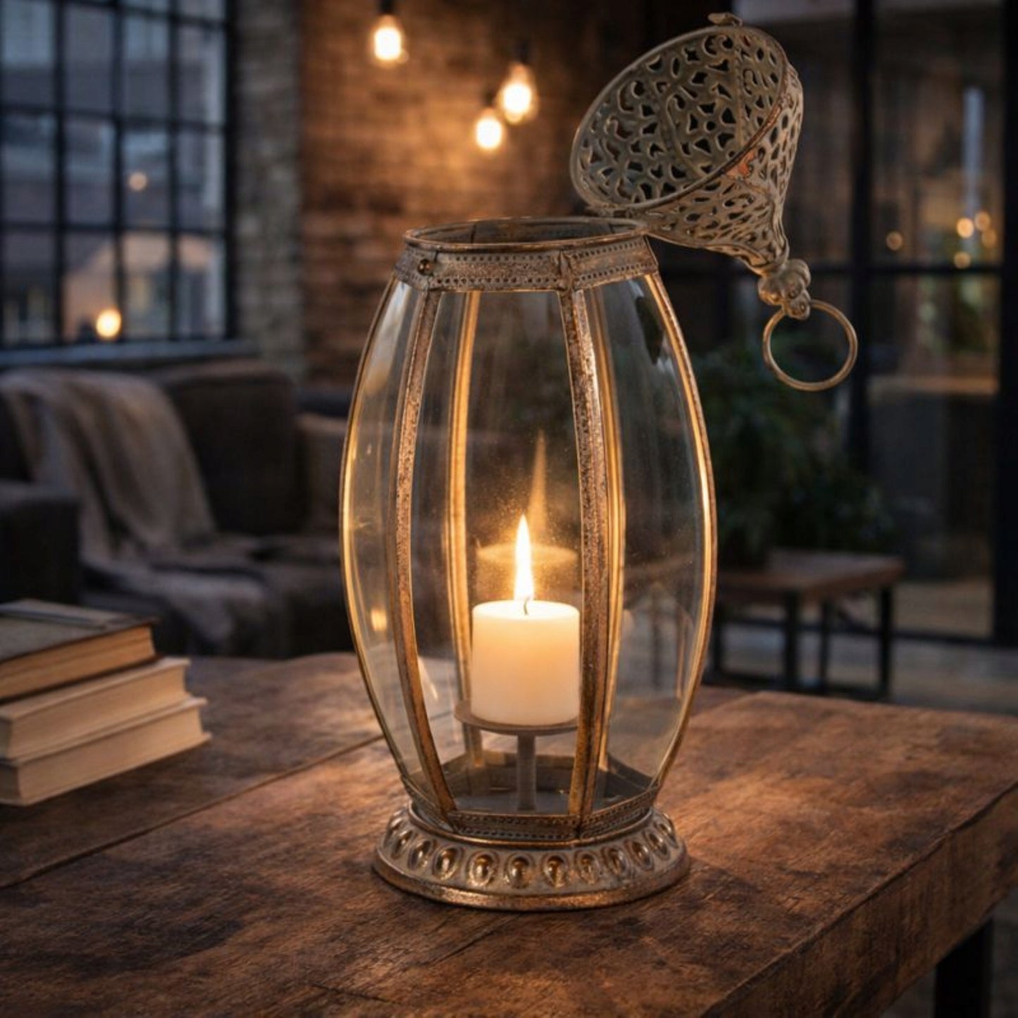 Lampion Latarenka Świecznik Metal Szkło Loft Rustykalny marokański 53 cm
