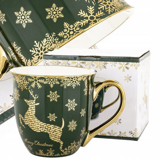 Duży Kubek w pudełku porcelana na prezent świąteczny renifer zielony złoty