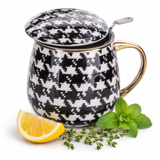 Kubek porcelanowy z zaparzaczem w pudełku w kratkę na prezent