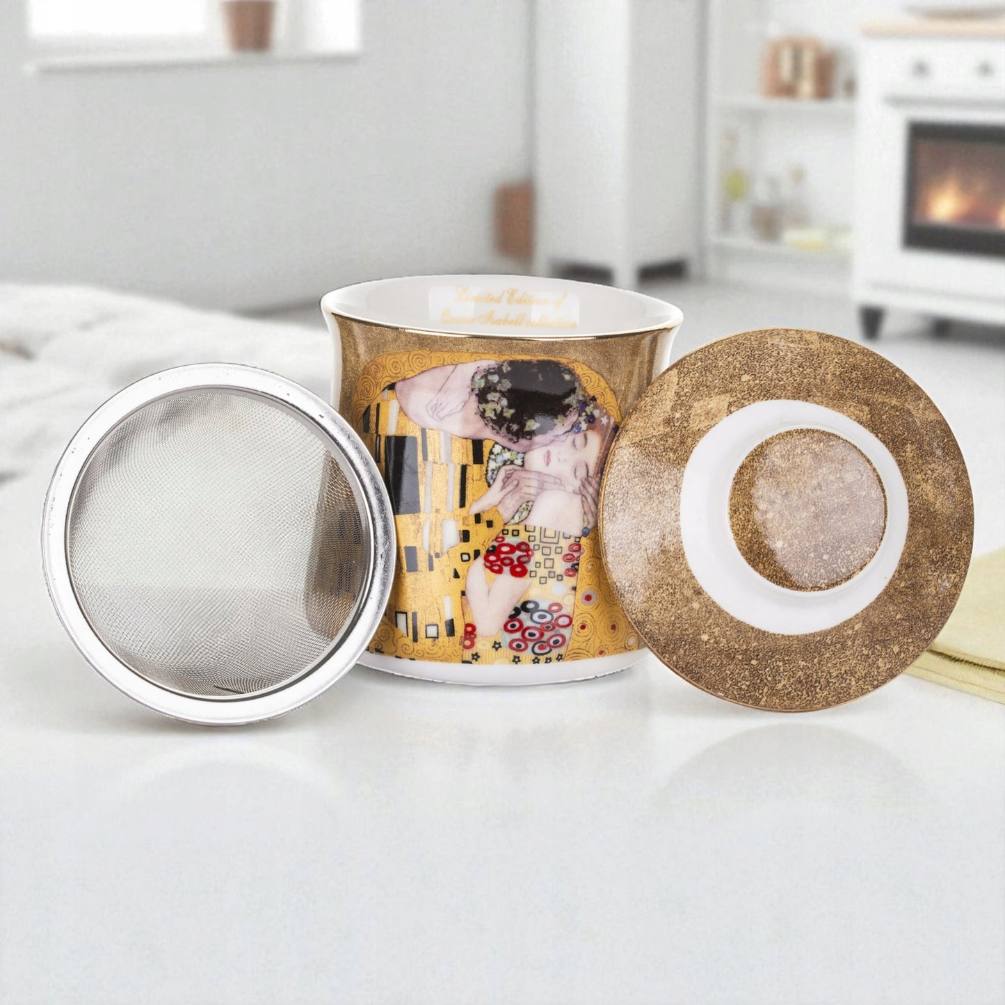 Kubek z zaparzaczem w pudełku Pocałunek Gustav Klimt porcelana zaparzacz