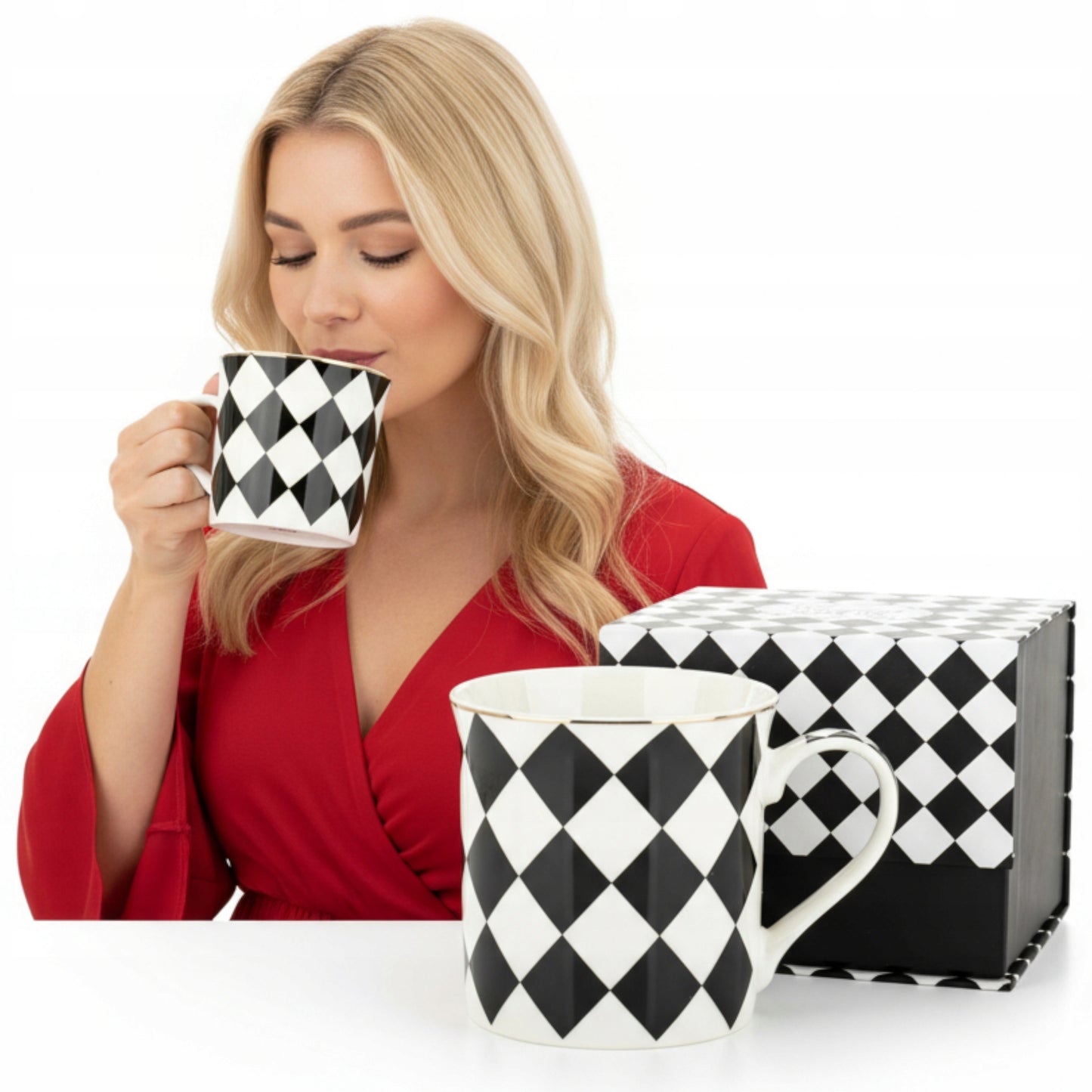 Kubek porcelanowy w pudełku na prezent czarno biały porcelana 380 ml