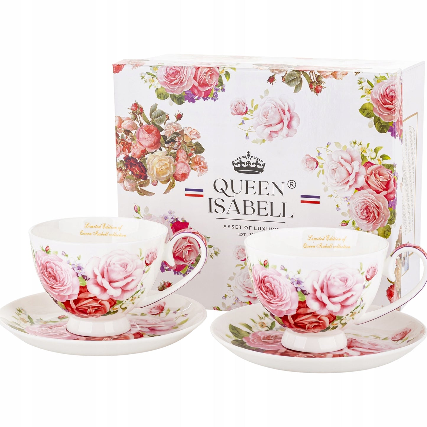 Elegancki komplet filiżanek w róże porcelana zestaw na prezent 2 szt 250ml
