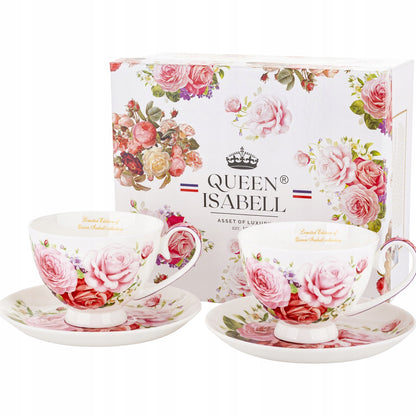 Elegancki komplet filiżanek w róże porcelana zestaw na prezent 2 szt 250ml