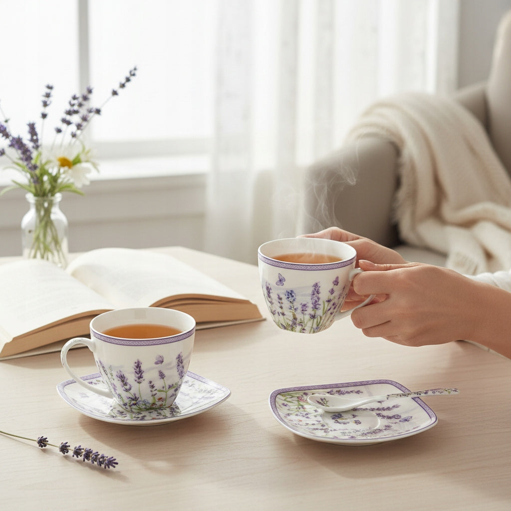 Zestaw 2 filiżanek z podstawkami i łyżeczkami porcelana lawenda prowansja