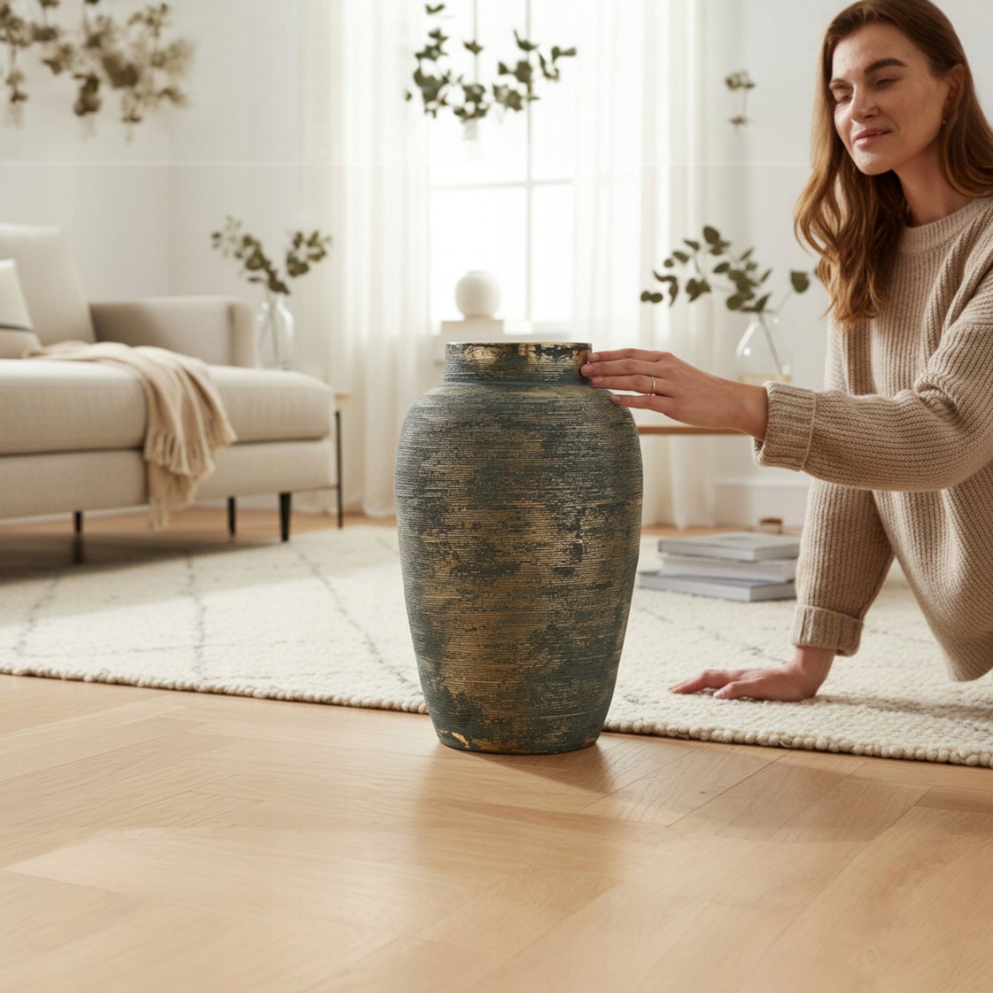 Duży wazon XL złoto-niebieski dekoracyjny loft boho na podłogę do salonu