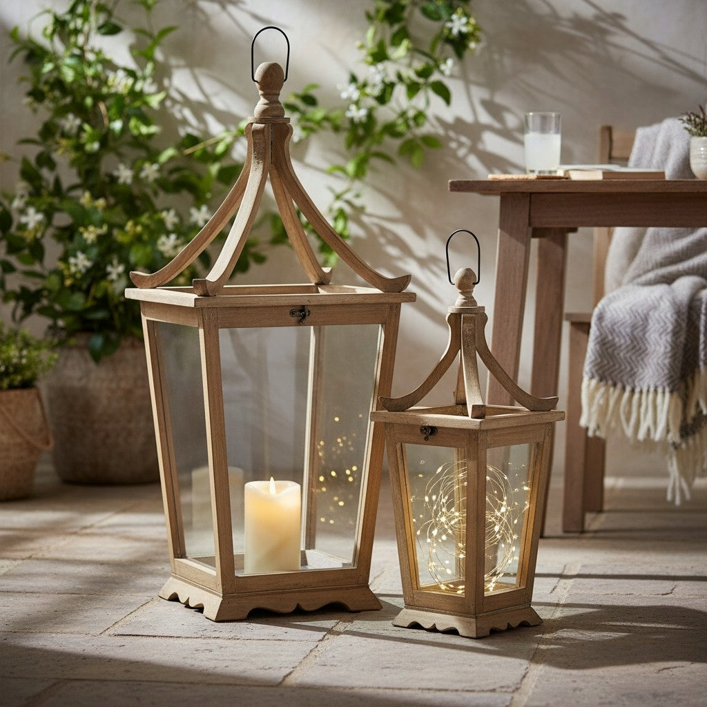 Latarnia komplet 2 szt. lampion szkło drewno dekoracja ogrodowa - 74, 52 cm