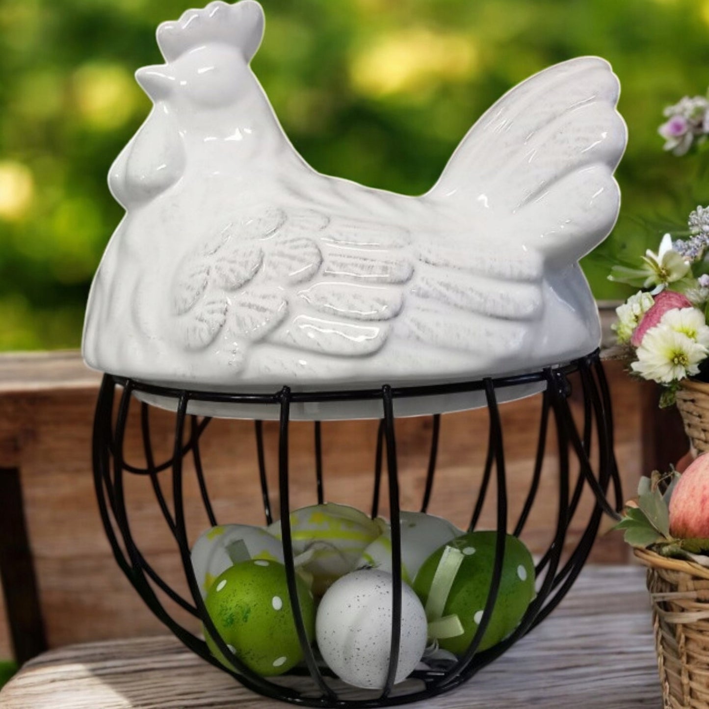 Figurka wielkanocna ceramika kura 27 cm koszyk wielkanocny dekoracyjny