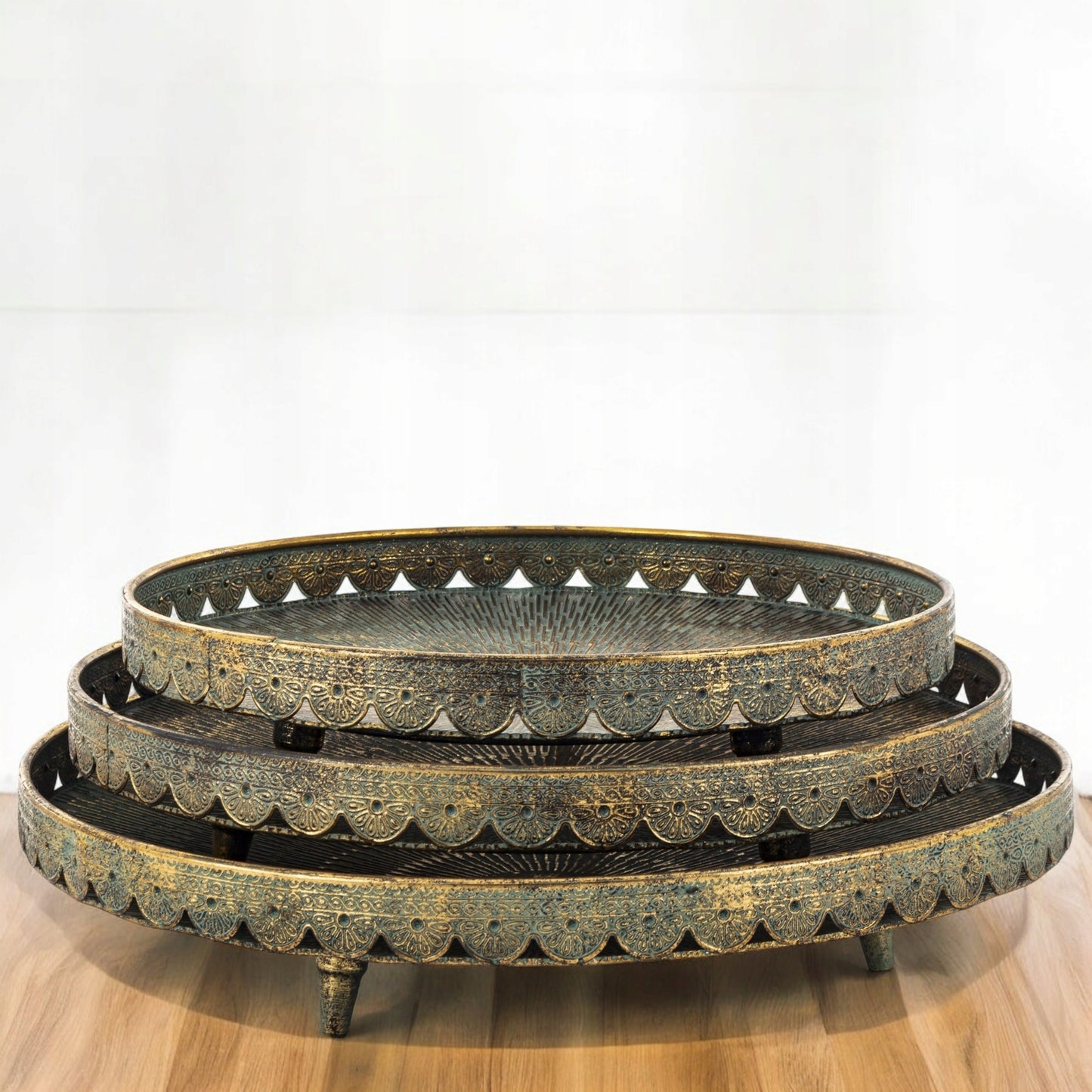 Komplet 3szt taca dekoracyjna złota retro patera zestaw tac metalowych