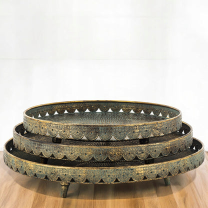 Komplet 3szt taca dekoracyjna złota retro patera zestaw tac metalowych