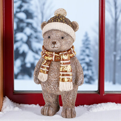 Figurka świąteczna Miś szalik czapka złoty prezent na mikołajki ozdoba 17cm