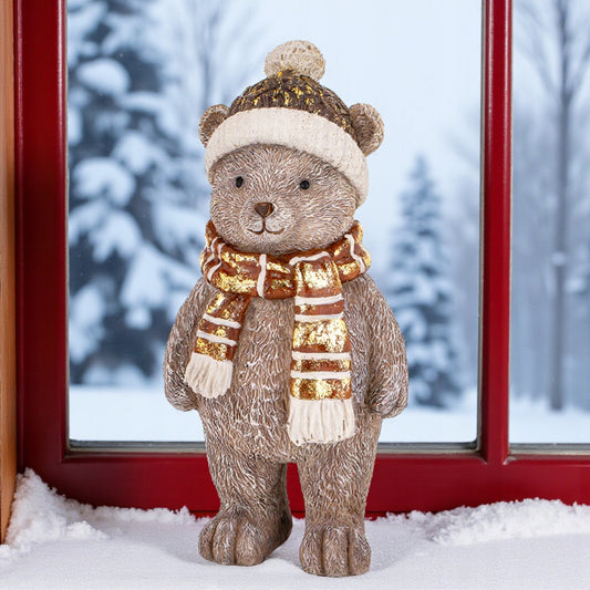 Figurka świąteczna Miś szalik czapka złoty prezent na mikołajki ozdoba 17cm
