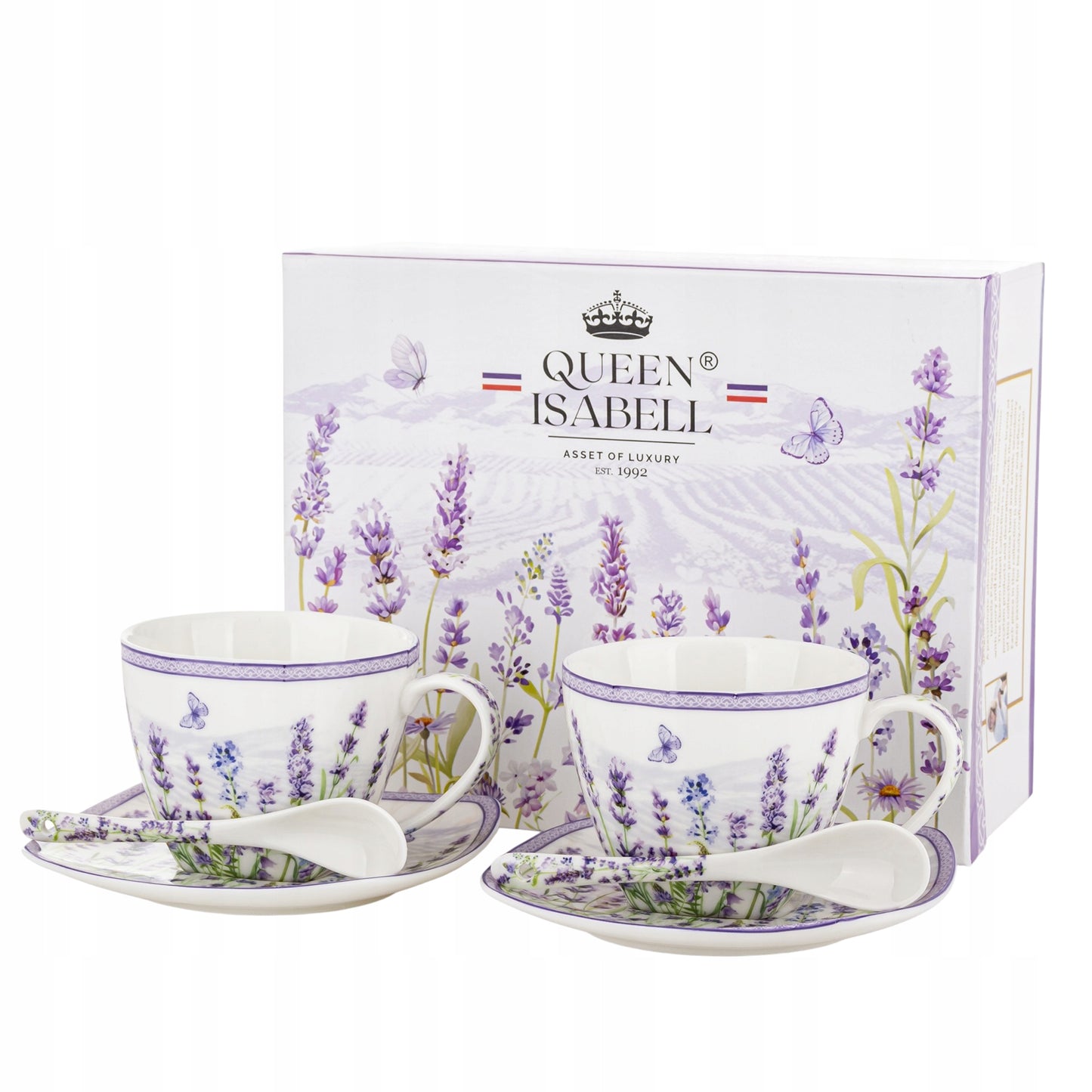 Zestaw 2 filiżanek z podstawkami i łyżeczkami porcelana lawenda prowansja